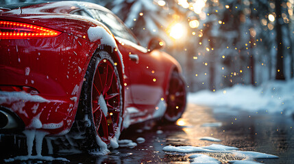 Sleek Red Sports Car Driving on a Wet Winter Road