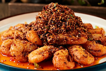 Deep-fried prawns with spicy pepper and red oil