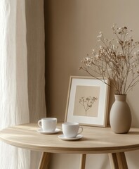 Cozy corner table, coffee cups, dried flowers, beige room