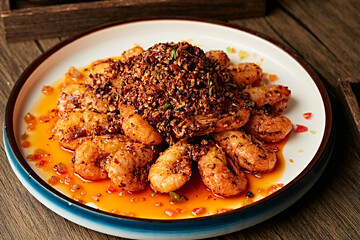 Deep-fried prawns with spicy pepper and red oil