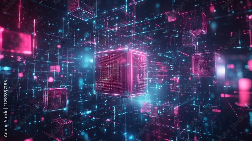 Poster futuristic digital data network visualization with neon colors in 3d space for technology concepts