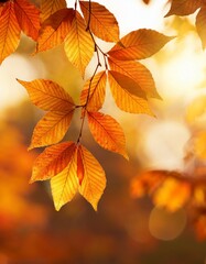 Obraz premium Close-up autumn leaves falling: warm bokeh, orange & gold hues. Gentle fall, serene.