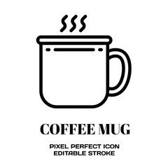 Coffee Mug symbol, featuring an editable stroke outline icon isolated on white background flat vector illustration. Pixel perfect