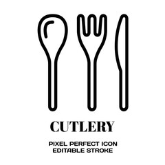 fork spoon and knife symbol, featuring an editable stroke outline icon isolated on white background flat vector illustration. Pixel perfect