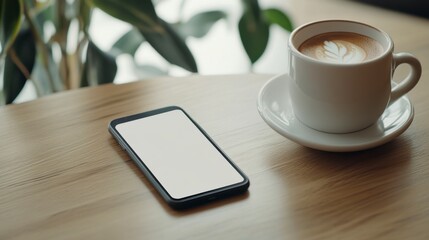 Cafe Moment: A smartphone with a blank screen rests beside a latte in a white mug, suggesting a moment of relaxation or productivity.
