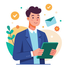 Man holding and using digital tablet computer. Tablet computer concept illustration. Vector illustration in cartoon style.