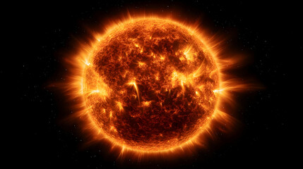 Glowing Orange Sun With Fiery Surface and Radiant Light Isolated on Black Background