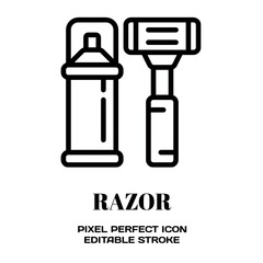 Razor symbol, featuring an editable stroke outline icon isolated on white background flat vector illustration. Pixel perfect