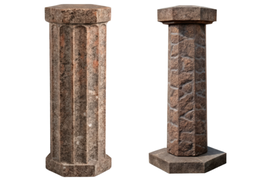 Two hexagonal stone columns isolated with transparent background