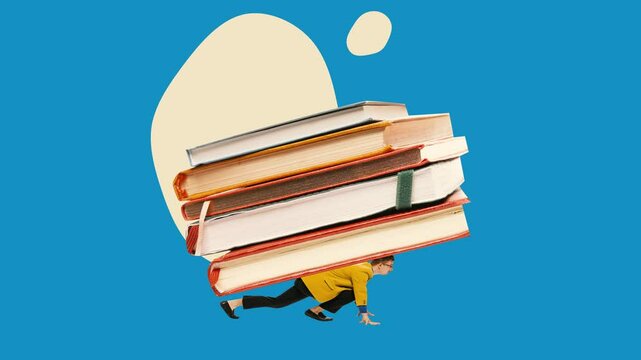 man standing in low position, ready to running, with huge stack of books. Education and work. Stop motion, animation. Concept of business and learning, knowledges and technology, information. Ad