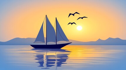Fototapeta premium Sailing tranquility a boat journey across serene waters embodying freedom and adventure amidst a breathtaking sunlit horizon scape