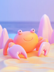 Cute cartoon crab on vibrant beach with pink claws and smiling face