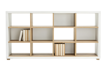 Long white and wood bookshelf isolated with transparent background