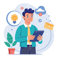 Man holding and using digital tablet computer. Tablet computer concept illustration. Vector illustration in cartoon style.