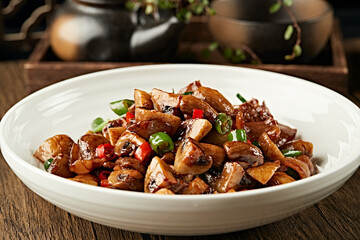 Braised Mushrooms and Bacon with Spicy Sauce