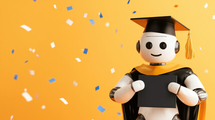Robot graduation celebration with cap and diploma against festive orange backdrop