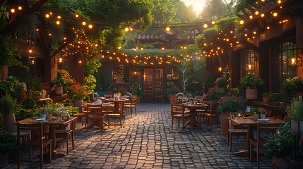Fototapeta premium Cozy Outdoor Café Patio with Rustic Wooden Tables and String Lights