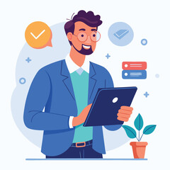 Man holding and using digital tablet computer. Tablet computer concept illustration. Vector illustration in cartoon style.