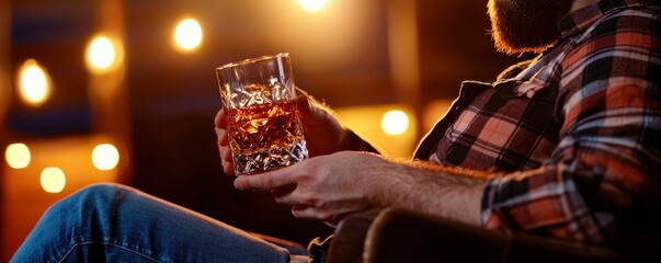Relaxed Man Savoring Whiskey in Decorative Glass with Festive Warm Lighting and Plaid Shirt