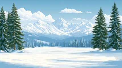 Fototapeta premium Serene winter mountain landscape with snow covered lake and pine trees, peaceful nature scene ideal for holiday greetings and scenic backgrounds