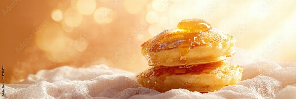 Poster delicious pancakes drizzled with golden syrup served on a soft cloth background during breakfast hou