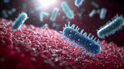 Detailed Microscopic Illustration Of Blue Bacteria With Red Surface Background