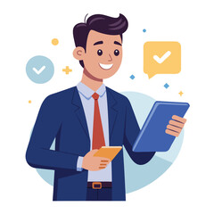 Man holding and using digital tablet computer. Tablet computer concept illustration. Vector illustration in cartoon style.