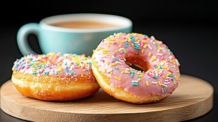 Donut and beverage on wooden board against black background. Sweet treat and drink