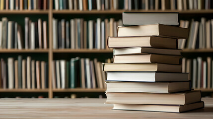 Pile Of Books On A Wooden Table In Front Of A Bookshelf With Books