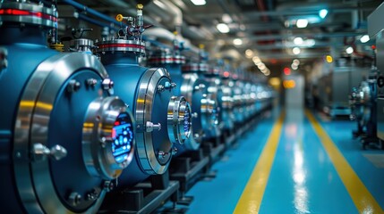 Industrial facility showcasing a row of advanced, large-scale, blue metallic cylindrical machinery with intricate details and digital displays, set against a clean blue floor with yellow lines.