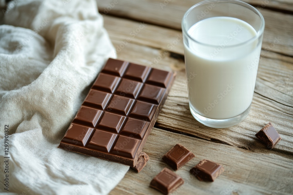 Aufkleber delicious chocolate bar and a glass of milk on rustic wooden table with cloth and pieces of chocolat