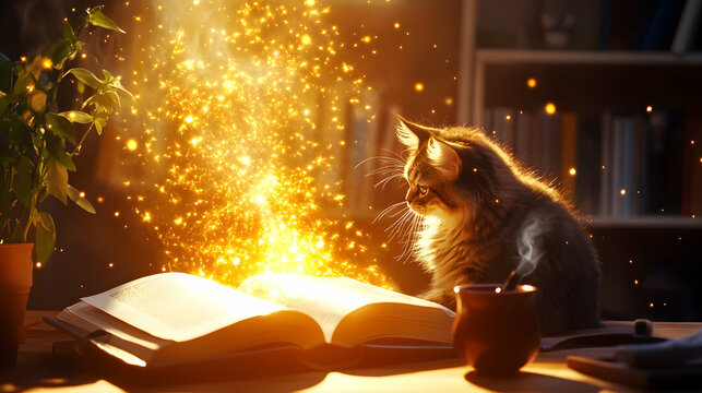 Magical Cat Reads Book at Night