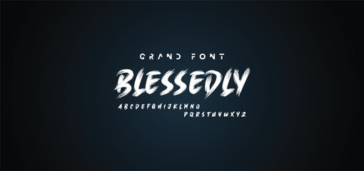 Alphabet vector set of white capital handwritten letters on black background. Handwritten italic font with brush strokes in horror style.