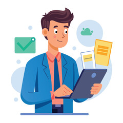 Man holding and using digital tablet computer. Tablet computer concept illustration. Vector illustration in cartoon style.