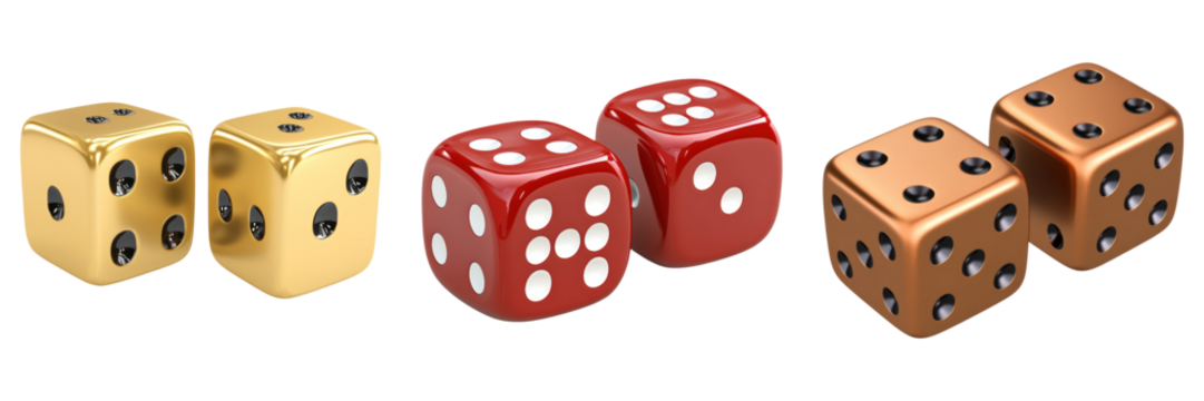pair of colorful dice showing double six, red, gold, and bronze
