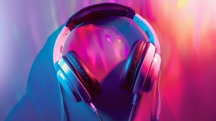 A fashion headphones are showed up in abstract colorful background.