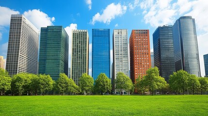 Fototapeta premium Dynamic cityscape panorama with modern architecture green space and vibrant blue sky offering an optimistic urban development perspective
