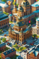 Tiny Citizens Work Together to Construct Iconic Administration Buildings in a Macro Hyper-Realistic Scene
