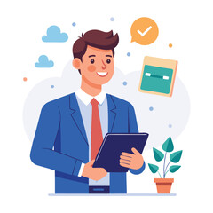 Man holding and using digital tablet computer. Tablet computer concept illustration. Vector illustration in cartoon style.