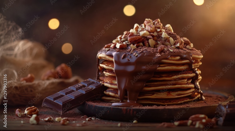 Poster delicious stack of pancakes topped with chocolate and nuts presented in a cozy setting with warm lig