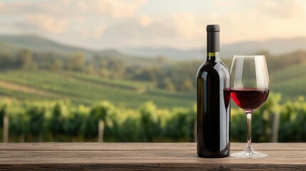 Fototapeta premium Elegant Red Wine Bottle and Glass on Rustic Wood Table Over Scenic Vineyard Landscape in Soft Light