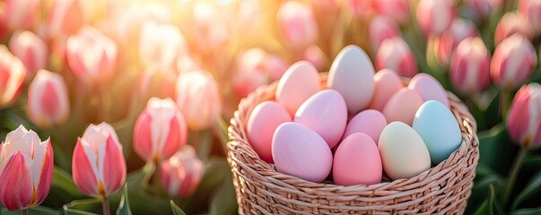 Fototapeta premium Easter egg basket in spring garden Colorful Easter eggs in a basket surrounded by blooming tulips at sunset.