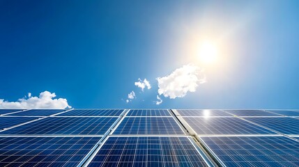Solar panels under a bright blue sky with clouds