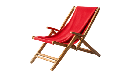 A deck chair with a red towel isolated on white background .PNG