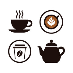 Obraz premium Four Cafe Icons Coffee Cup, Takeaway Cup, Latte Art, and Teapot