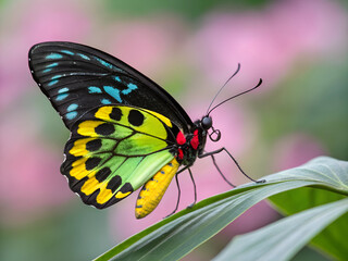 Obraz premium Colorful Butterfly Perched on a Green Leaf