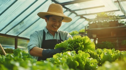 Obraz premium Happy gardener harvesting fresh vegetables in greenhouse.