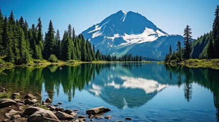 Serene mountain lake reflection amidst evergreen forests and azure sky
