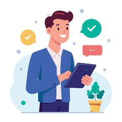 Man holding and using digital tablet computer. Tablet computer concept illustration. Vector illustration in cartoon style.