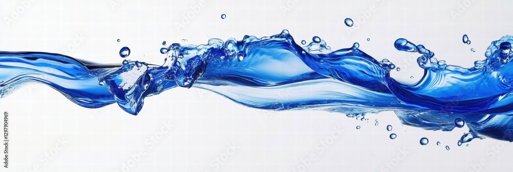 Poster flowing blue water with splashes and bubbles against a light background. generative ai